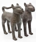 Pair of Benin bronze large cats/ leopards with textured decoration, 46 x 50cm