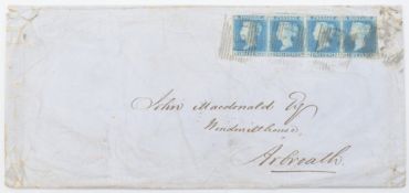 GB 1841 Queen Victoria 2d blue strip of four on cover to Arbroath, Scotland. Two centre stamps