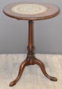 19thC inlaid oak circular side table raised on tripod base, diameter 48 height 67cm