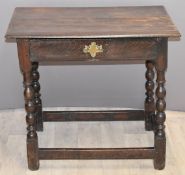 Antique oak peg jointed hall table with single drawer, W77 x D53 x 77cm