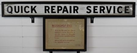 Five vintage optician's shop display advertising signs, comprising 'Quick repair service' on