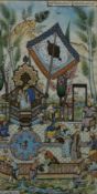 Persian painting of figures in an outdoor setting, signed to top and bottom, in inlaid Vizagapatam