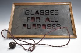 Vintage optician's shop illuminated advertising display sign 'Glasses For All Purposes', length