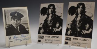 Two stamped / autographed Suzi Quatro promotional photographs and a Brian Blessed Z Cars signed