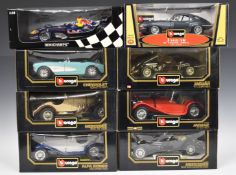 Seven Burago and one Minichamps Paul's Model Art 1:18 scale diecast model vehicles including Red