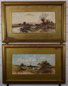 I Wilton pair of watercolour landscapes, one a meandering river with sheep and cattle, the other