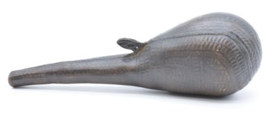 A leather water carrier/ gourd with embossed geometric design, 25cm long