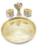 Cairoware inlaid dish decorated with mythical creatures diameter 25cm, together with a cobra incense