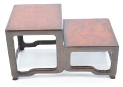 Chinese 19th/ early 20thC burr wood two tier stand, H11 x L20cm