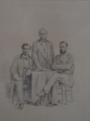 Mendoza Galleries, Bond St, London pencil drawing of three gentlemen, signed lower right, 56 x 45cm,