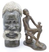 Zambia / Zimbabwe bronze African figure of a man smoking a pipe and a carved stone bust of an