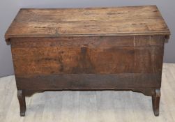 18th/19thC elm coffer with adzed edging raised on cut plank feet, W99 x D52 x H61cm