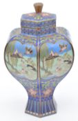 Japanese hexagonal cloisonné enamel covered vase decorated with birds, mountains and fish, 13cm