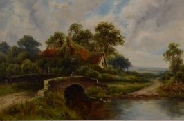Walter Wallor Caffyn (1845-1898) oil on canvas rural landscape with cottage with man crossing bridge