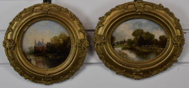 Pair of 19thC oil on board landscapes, one a river scene with footbridge the other other a similar