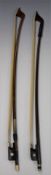 Unnamed nickel and ebony mounted double bass bow, octagonal stick, L66.4cm, 129g, together with a