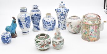 Ten pieces of Chinese ceramics comprising four 19th/20thC blue and white Chinese vases, three with