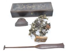 Japanese 19thC lacquer scroll box with gilt decoration (length 38cm) together with a jade and