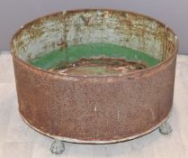 19th/20thC circular metal log bin raised on brass lion pad feet, diameter 68, H37cm