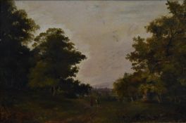 19thC oil on canvas landscape with two figures walking and hills beyond, 20.5 x 31.5cm, in ornate