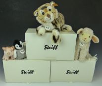 Four Steiff Teddy bear animals Baby Tiger 066269, Lamby Lamb 073205, Flaps Penguin 057144 and