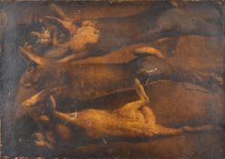 18th/19thC oil on canvas hares with cat to top corner, 53 x 75cm