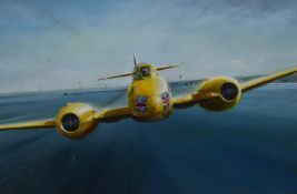 Roy Layzell acrylic 'Forever Amber' aviation study of a Gloster Meteor aircraft, signed and dated 95