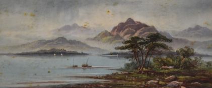 Thomas Mortimer late 19th or early 20thC watercolour landscape with mountains beyond a lake or sea