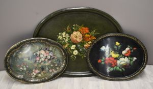 Three Jennens and Betteridge style toleware trays, largest 76 x 59cm