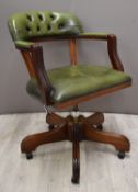 Green leather upholstered captain's, desk or office chair with Chesterfield style buttoned back