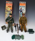Two Palitoy Action Man figures Soldier and Adventurer both with gripping hands and realistic hair,