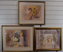 John O'Conner (1913-2004) three watercolour portraits comprising woman with sunflowers, woman by a