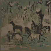 Edward Payne (1906-1991) watercolour figure with bridle among horses, label verso 'Dr David