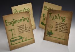 Set of four vintage optician's shop display advertising boards with motoring, walking, typing and