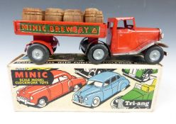 Tri-ang Minic clockwork tinplate Minic Mechanical Horse and Brewery Trailer with red body, chrome