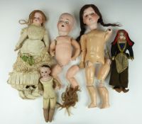 Five Armand Marseille and similar bisque headed dolls, one with leather body, largest 45cm tall.