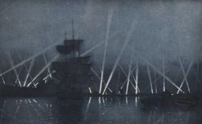 Claude Rowbotham (1964-1949) signed coloured etching lights over London WW1, 18 x 29cm