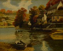 Oil on board Gillingham, Dorset with figures in boats by cottages, 25 x 30cm