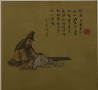 Japanese watercolour of an elder, with script and seal mark, framed and glazed, 25 x 26cm