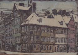Axel Olsen signed lino cut Swedish street scene, 11 x 15cm