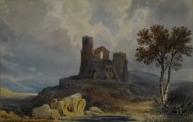 Attributed to Samuel Lines (1778-1863) watercolour landscape of a ruined castle, 21 x 31cm, in