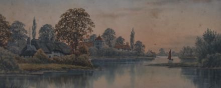 Edward Nevil (19th or early 20thC) watercolour landscape with village beside a river, possibly the