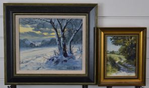 Two Stephen Hawkins oil paintings, one 'A Downland Track- Sussex' and 'A Cold Winter's Evening',