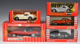 Five 1:24 and 1:16 scale diecast model cars comprising Tonka Polistil Jaguar Mk/2 TG, Burago Bugatti