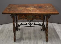 17th/18thC Italian elm/ walnut refectory table with single plank top above a single straight