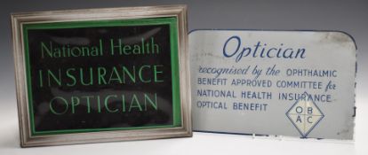 Two vintage optician's shop display signs, one National Health Insurance Optician with fold out
