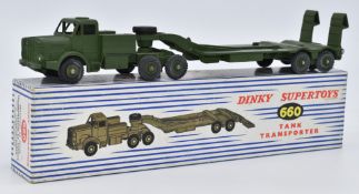 Dinky Supertoys diecast model Tank Transporter with green body and trailer, 660, in original box.