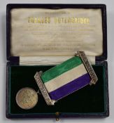 Hallmarked silver suffragette Hunger Strike medal awarded to Frances Outerbridge, engraved with