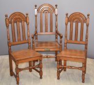 Three Victorian pine chairs including a carver, ex Rodborough Tabernacle and Painswick United Reform