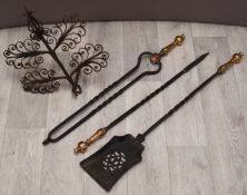 19thC copper/brass and steel companion set and a wrought iron fireside stand or similar accessory